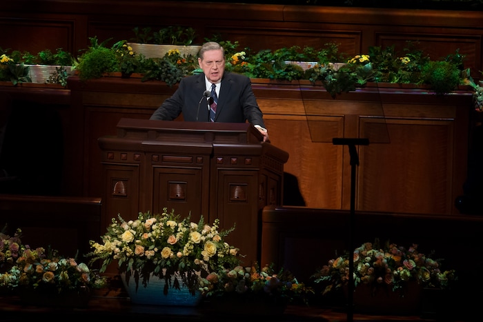(Jeremy Harmon  |  The Salt Lake Tribune)  Elder Jeffrey R. Holland speaks during the Sunday afternoon session of General Conference on April 1, 2018.