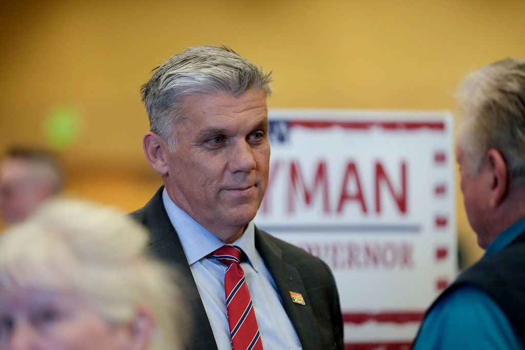 (Francisco Kjolseth | The Salt Lake Tribune) Rep. Phil Lyman, R-Blanding, running for Utah governor, talks to delegates before the Davis County GOP Lincoln Day Dinner in Layton, on Saturday, February. 24, 2024. A new 'dark money' group has spent $300,000 on Lyman's campaign.