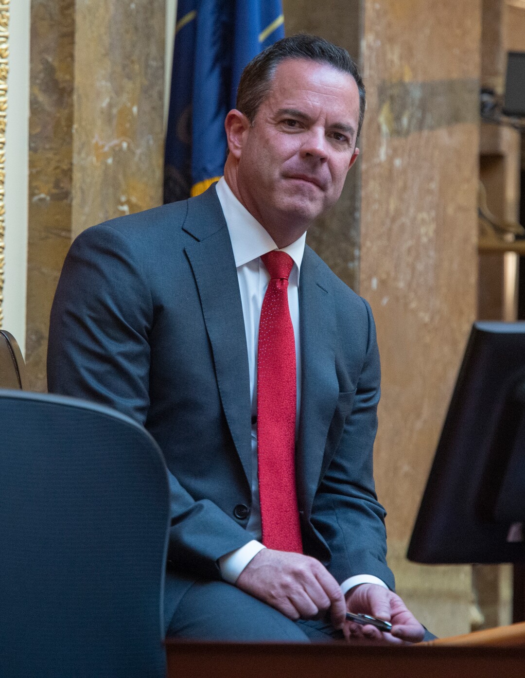 (Rick Egan  |  The Salt Lake Tribune)      New House Speaker Brad Wilson listens as  Matthew B. Durrant, Chief Justice of the Utah Supreme Court and Chair of the Utah Judicial Council, gives his State of the Judiciary Address in the House of Representatives, Monday, Jan. 28, 2019.