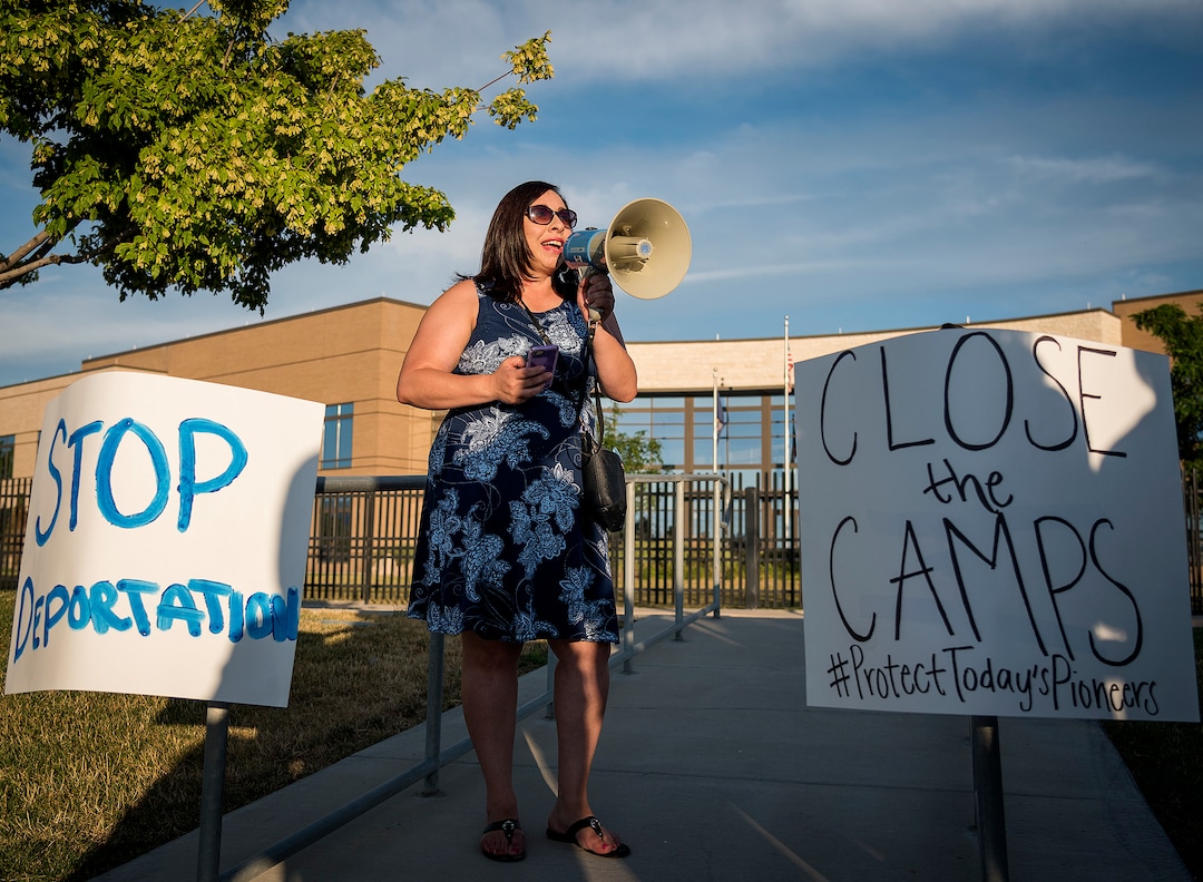Michael Mangum  |  Special to the TribuneRep. Angela Romero speaks during a protest outside the U.S. Immigration and Customs Enforcement Salt Lake City Field Office in West Valley City, UT on Wednesday, July 24, 2019.
