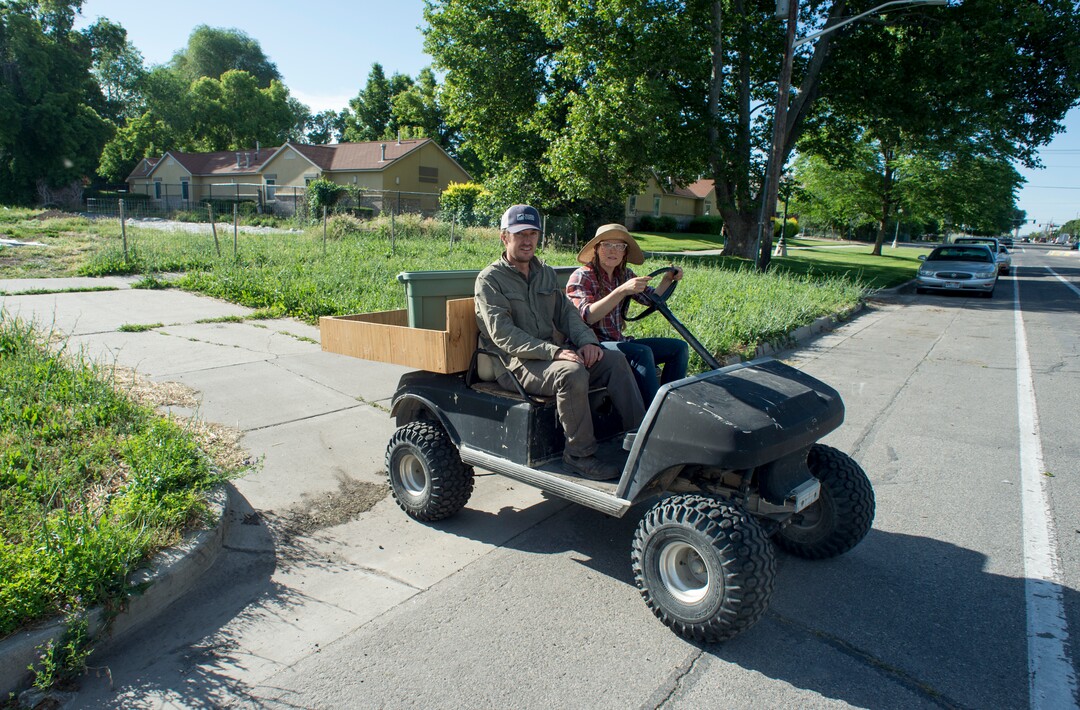 (Rick Egan  |  The Salt Lake Tribune)      Elliot Musgrove and Amanda Theobald, owners of Top Crops ride across the street to their urban farm, in Salt Lake City, Tuesday, June 5, 2018.