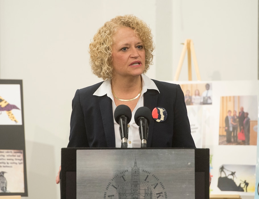 (Rick Egan  |  The Salt Lake Tribune) Salt Lake City Mayor Jackie Biskupski gives the State of the City address at the Horizonte Instruction and Training Center on Wednesday.