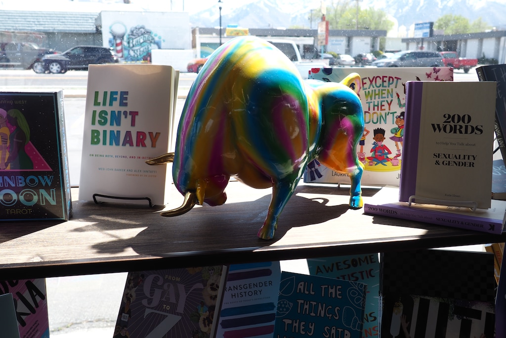 (Tyffton Bowman  |  The Globe, SLCC) A rainbow figurine of a bull marks the LGBTQ+ book section at Marissa's Books in Millcreek.
