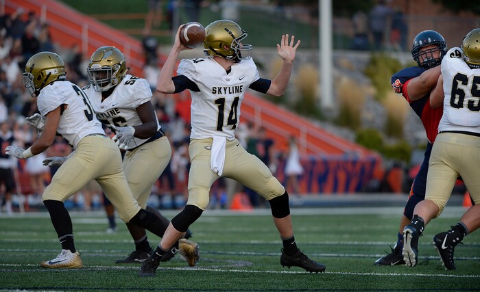(Scott Sommerdorf   |  The Salt Lake Tribune)   
Skyline QB Tommy McGrath passes during first half play. Skyline held a 14-10 lead at the half over Brighton, Friday, September 15, 2017.
