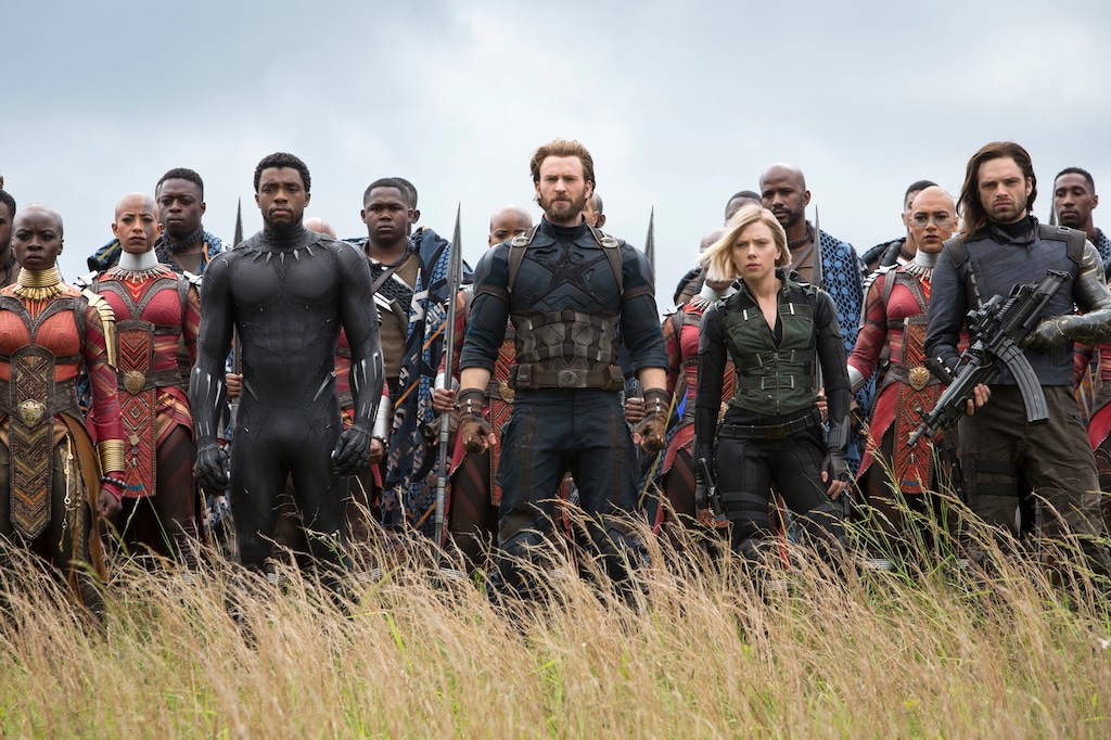 (Chuck Zlotnick | Marvel Studios via Associated Press) Front row from left, Danai Gurira, Chadwick Boseman, Chris Evans, Scarlett Johansson and Sebastian Stan in a scene from "Avengers: Infinity War."