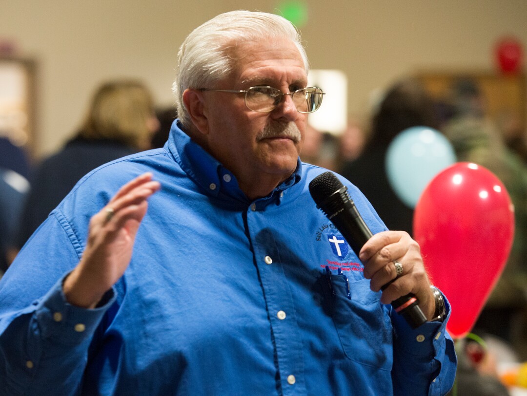 (Rick Egan  |  The Salt Lake Tribune)     Wayne Wilson delivers a few words of encouragement to the crowd at the 25th Annual Thanksgiving Dinner for the hungry and homeless at the Christian Life Center on Redwood Road in Salt Lake City, Wednesday, Nov. 21, 2018.