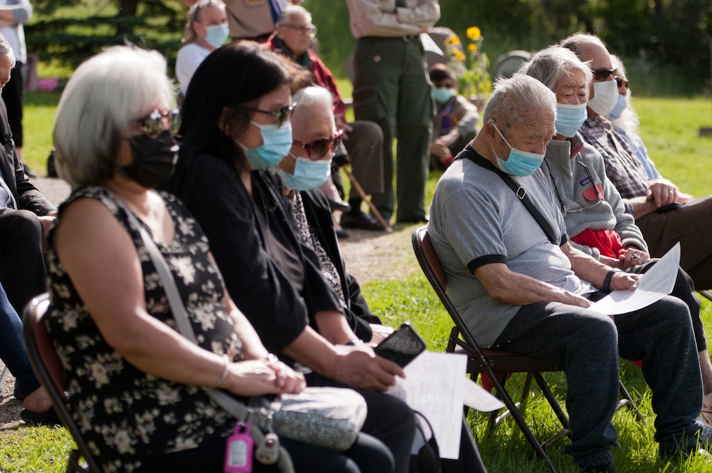 (Ed Kosmicki | Special to The Tribune) Attendees at an annual memorial service for Japanese American veterans wore masks and stayed in socially distanced groups on  May 30, 2021, in the Salt Lake City Cemetery.
