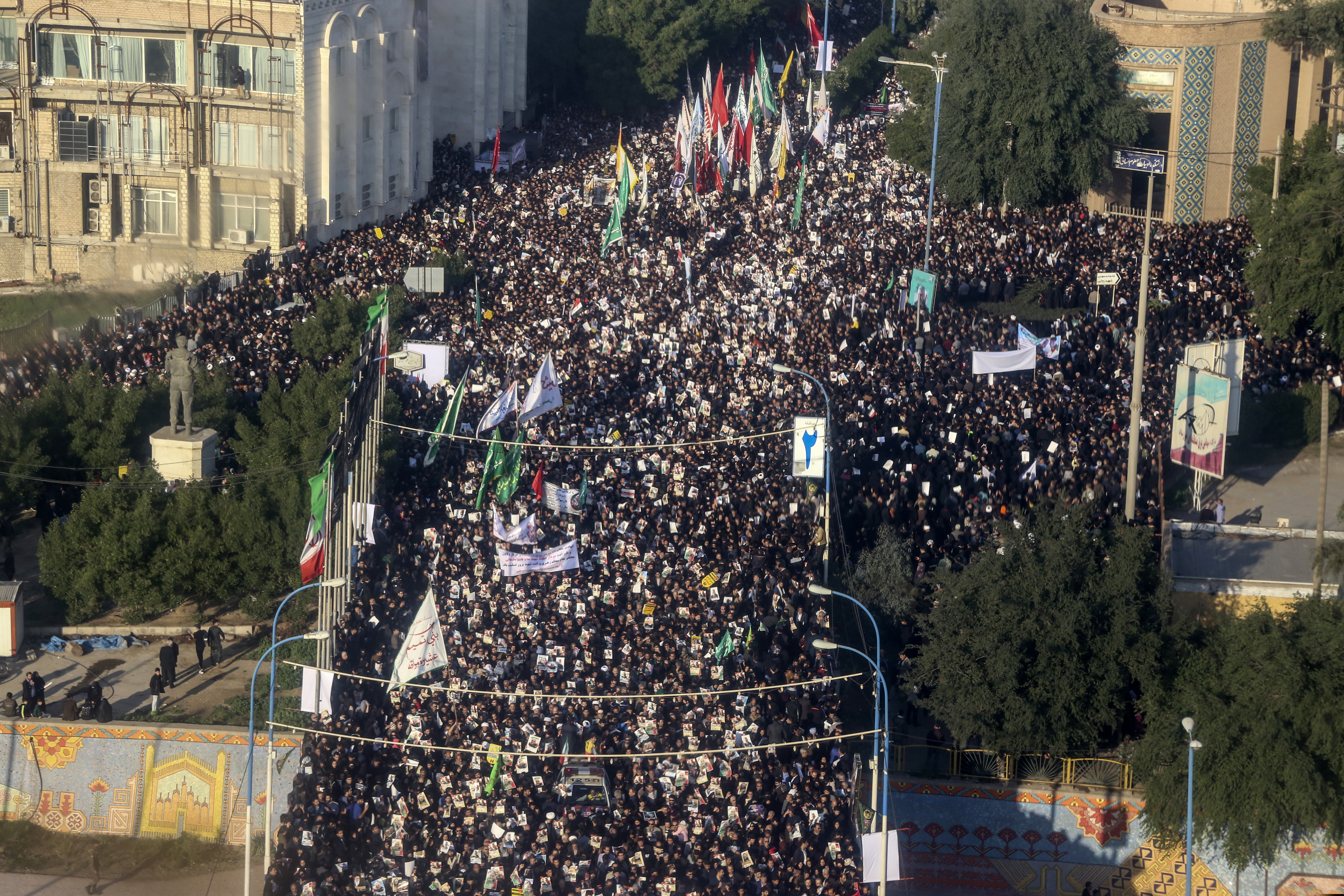 (Morteza Jaberian | Mehr News Agency via AP) An aerial view shows mourners attending a funeral ceremony for Gen. Qassem Soleimani and his comrades, who were killed in Iraq in a U.S. drone strike, in the southwestern city of Ahvaz, Iran, Sunday, Jan. 5, 2020. The body of Gen. Qassem Soleimani arrived Sunday in Iran to throngs of mourners, as President Donald Trump threatened to bomb 52 sites in the Islamic Republic if Tehran retaliates by attacking Americans.
