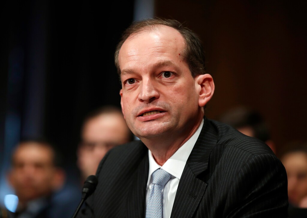 FILE - In this March 22, 2017, file photo, then-Labor secretary-designate Alexander Acosta testifies on Capitol Hill in Washington, at his confirmation hearing before the Senate Health, Education, Labor and Pensions Committee. Acosta, the son of Cuban immigrants and the only Latino in President Donald Trump’s Cabinet, is defending a White House spending plan that would cut the government’s workforce policing civil rights laws. (AP Photo/Manuel Balce Ceneta, File)