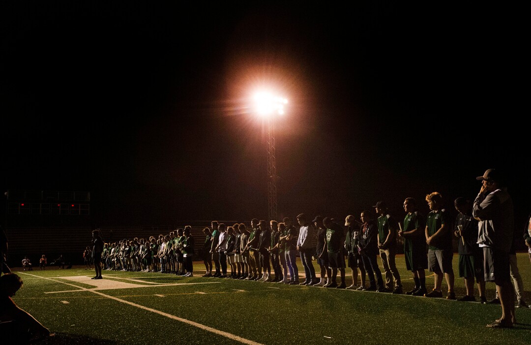 (Rick Egan  |  The Salt Lake Tribune)Bishop Brown, son of Cazzie Brown, says a few words at a candlelight vigil in honor of coach Cazzie Brown, at Hillcrest High School, Monday, August 28, 2017.