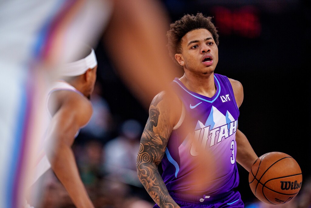(Trent Nelson  |  The Salt Lake Tribune) Utah Jazz guard Keyonte George (3) as the Utah Jazz host the Oklahoma City Thunder, NBA basketball in Salt Lake City on Friday, April 11, 2025.
