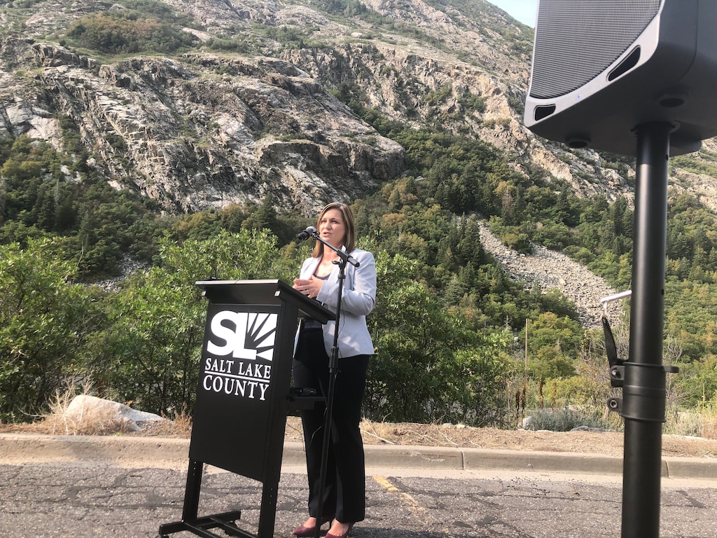 (Brian Maffly | The Salt Lake Tribune) Salt Lake County Mayor Jenny Wilson addresses reporters Wednesday at the mouth of Little Cottonwood Canyon, announcing the county's opposition to a gondola state transportation officials are considering for the famous canyon.