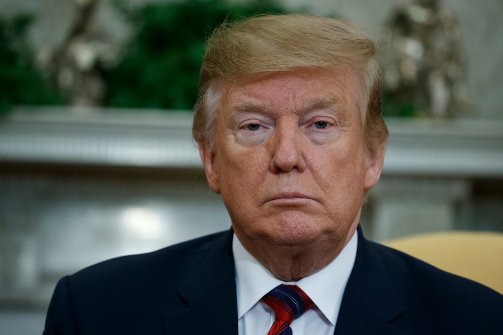President Donald Trump listens to South Korean President Moon Jae-in speak during a meeting in the Oval Office of the White House, Thursday, April 11, 2019, in Washington. (AP Photo/Evan Vucci)