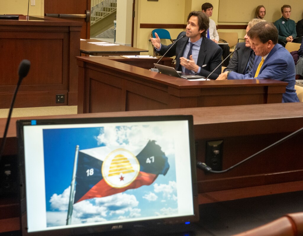 (Rick Egan  |  The Salt Lake Tribune)     Flag designer John Martin, speaks about the new Utah Flag he designed, during the discussion of one of the two bills that could lead to the adoption of a new state flag to the House Government Operations committee, Wednesday, Feb. 13, 2019.