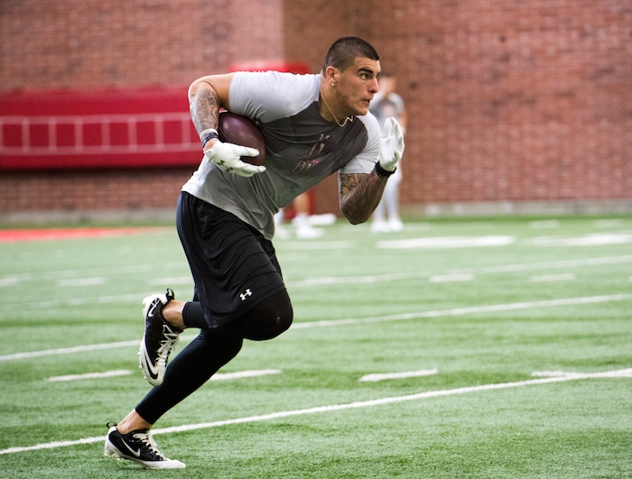 (Rick Egan  |  The Salt Lake Tribune)       Kylie Fitts, runs agility drills, during University of Utah's 2018 Pro Day for NFL scouts, at Spence Eccles Field House, Wednesday, March 28, 2018.