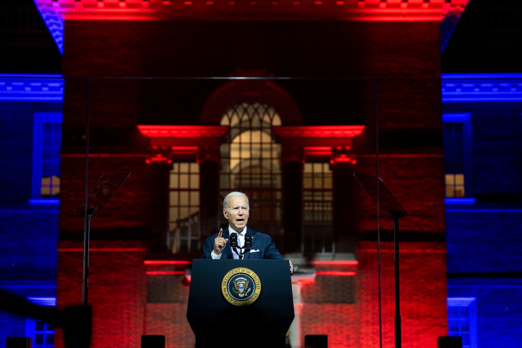 (Doug Mills | The New York Times)
President Joe Biden delivers remarks at Independence Hall in Philadelphia, Thursday, Sept. 1, 2022. In his speech, Biden attempted to find a balance between expressing the threats America faces from extremism and the policies his administration has pushed through.