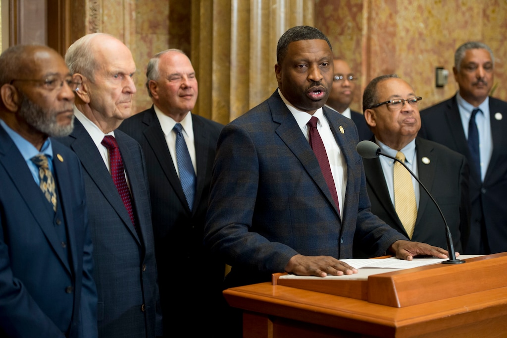 (Jeremy Harmon | The Salt Lake Tribune) Derrick Johnson, President and CEO of the NAACP, speaks during an event on May 17, 2018, where LDS and NAACP leaders emphasize a need for greater civility and call for an end to prejudice. President Russell M. Nelson is at the left.