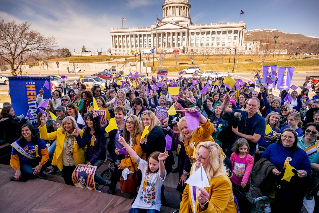 (Trent Nelson  |  The Salt Lake Tribune) Walkers at Council Hall after a remembrance walk organized by Better Days 2020 in Salt Lake City on on Friday, Feb. 14, 2020 marks the 150th anniversary of Seraph Young casting her historical vote in Utah.