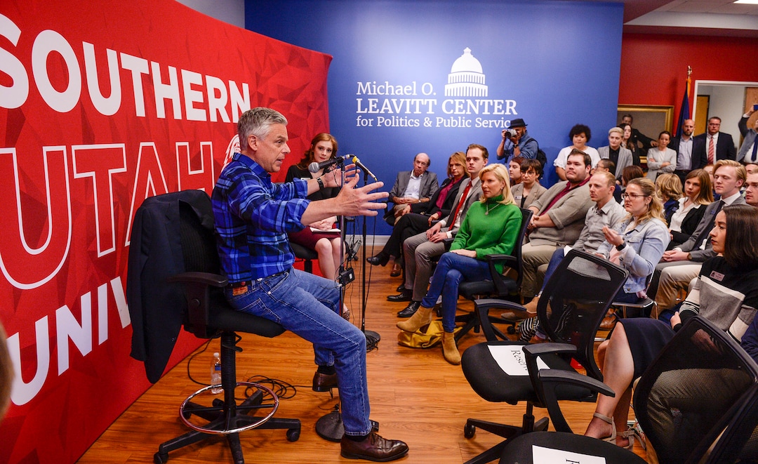 (Leah Hogsten  |  The Salt Lake Tribune) Former two-term Gov. Jon Huntsman, 59, announced his bid for governor, Nov. 14, 2019. Huntsman speaks to students at the Michael O. Leavitt Center for Politics and Public Service at Southern Utah University in Cedar City on Thursday.