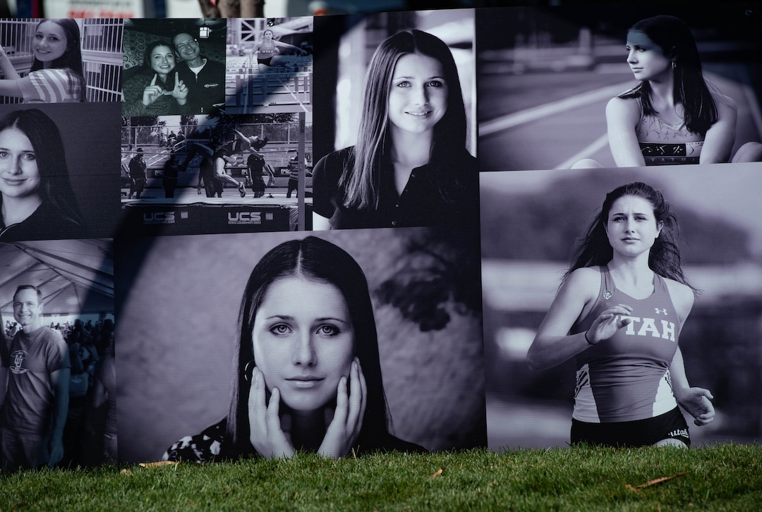 (Francisco Kjolseth  |  The Salt Lake Tribune) People gather for a memorial walk on the track where University of Utah student and track athlete Lauren McCluskey used to compete on the two-year anniversary of her murder on Thursday, Oct. 22, 2020.