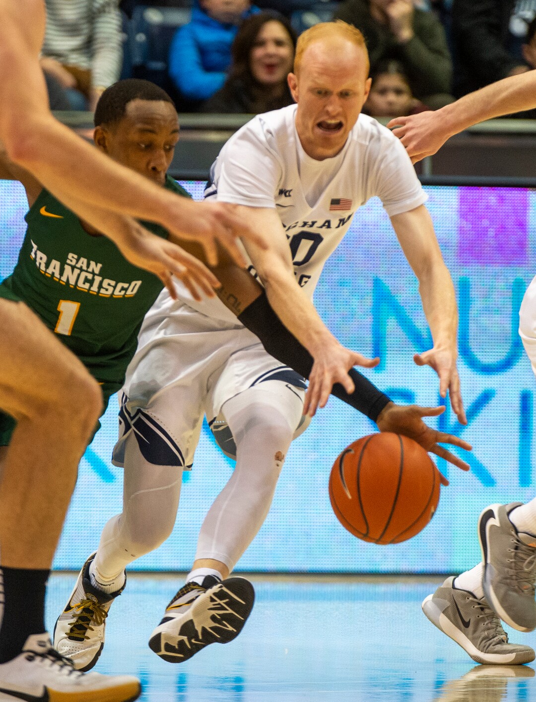 (Rick Egan  |  The Salt Lake Tribune)     San Francisco Dons guard Jamaree Bouyea (1) has the ball picked off by Brigham Young Cougars guard TJ Haws (30), in West Coast Conference basketball acton between the Brigham Young Cougars and the San Francisco Dons, at the Marriott Center, Saturday, Feb. 8, 2020.