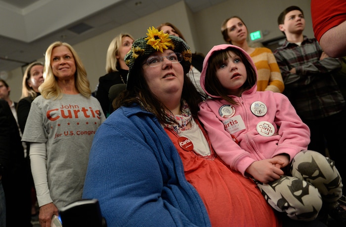 (Francisco Kjolseth  |  The Salt Lake Tribune)  Candice Jewkes is joined by her daughter Annabelle, 5, as they await the arrival of newly elected congressman John Curtis during his celebration party at the Provo Marriott Hotel & Conference Center Tuesday, Nov. 7, 2017.