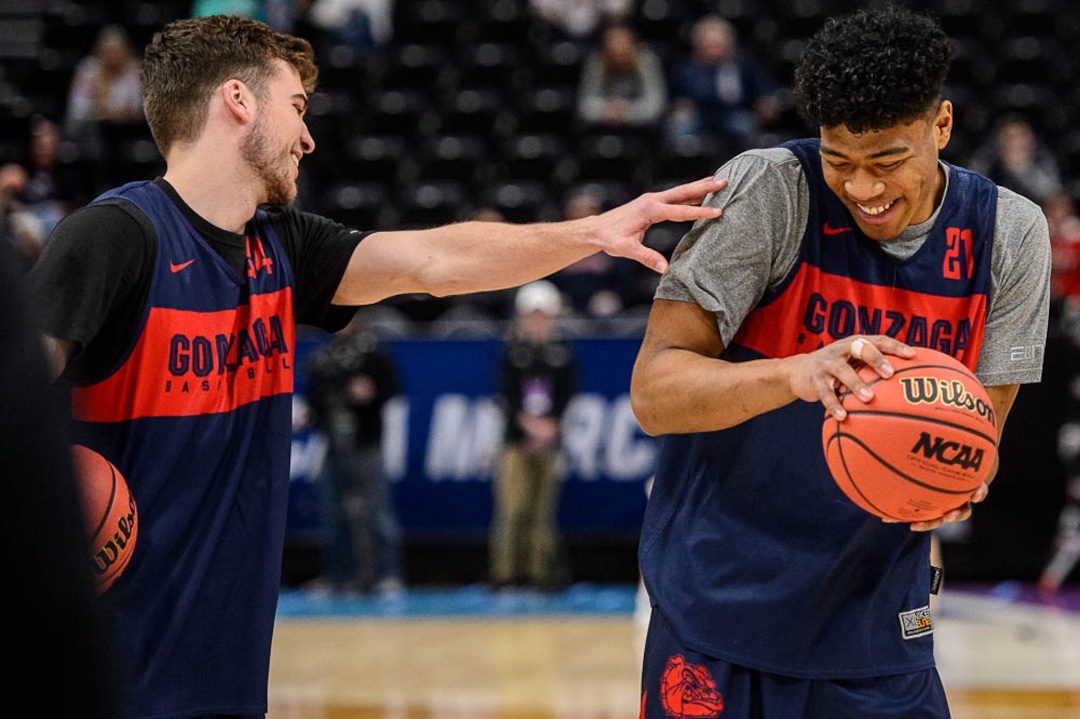 (Trent Nelson | The Salt Lake Tribune)  Gonzaga Bulldogs forward Corey Kispert (24) and Gonzaga Bulldogs forward Rui Hachimura (21) as the Gonzaga Bulldogs practice for the 2019 NCAA Tournament in Salt Lake City on Wednesday March 20, 2019.