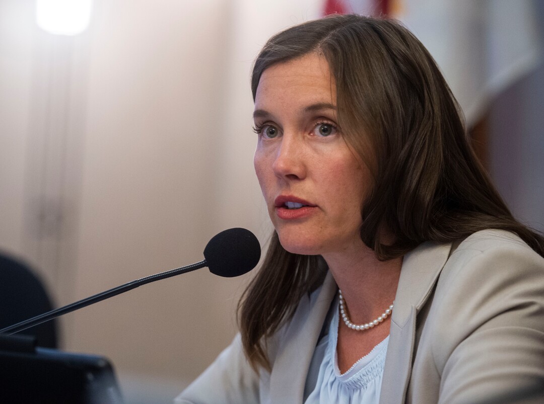 (Rick Egan  |  The Salt Lake Tribune)     Salt Lake City Council Erin Mendenhall explains her vote to approve a proposal that would grant up to $28 million in tax increment reimbursement to a developer seeking to build a 3,000 acre industrial development in the city’s northwest side, Tuesday, Aug. 27, 2019.