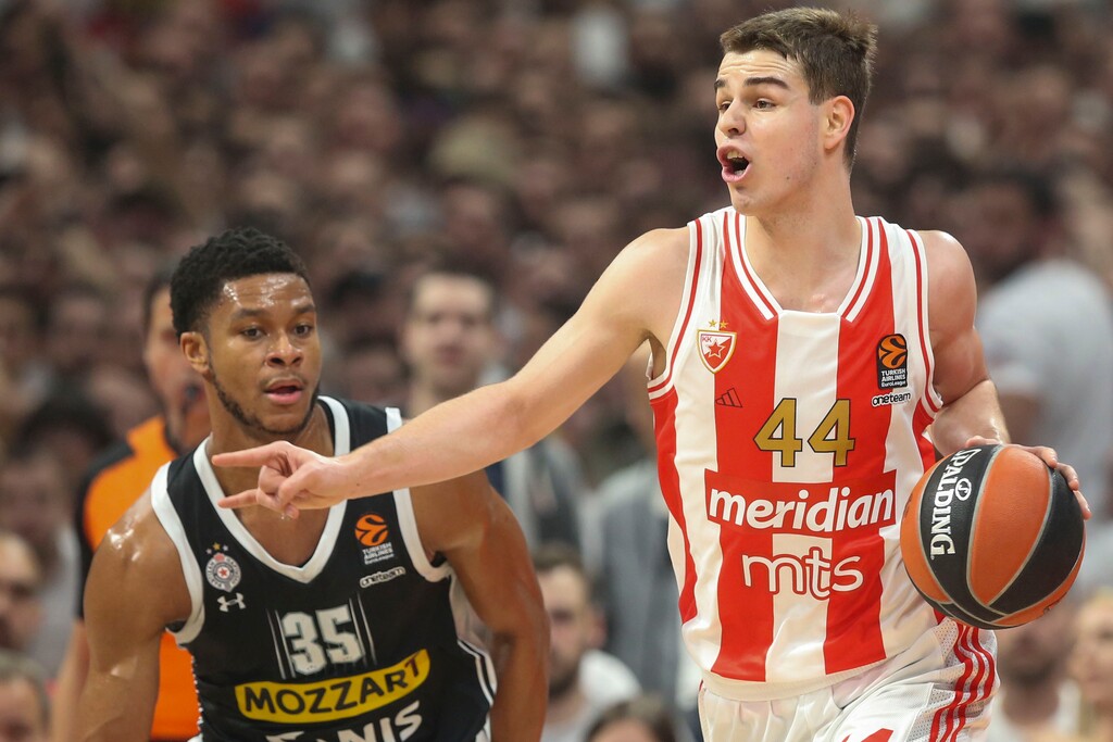 (AP) Red Star's Nikola Topic, right, drives to the basket during the Euroleague basketball match between Red Star and Partizan, in Belgrade, Serbia, Thursday, Jan. 4, 2024. The 6-6 guard is a super passer with great vision and size to see over defenders. He also has the strength to get into the lane and can finish strong at the rim. Topic isn't much of a 3-point shooter, but can control a game without shooting. One issue that may dissuade teams from taking him so high: Medical tests showed he has a partially torn ACL in his left knee, which he injured twice last season in Europe