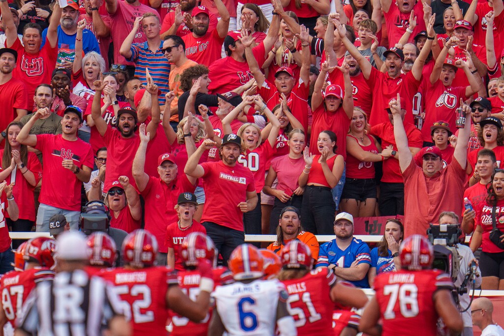 (Trent Nelson  |  The Salt Lake Tribune) Utah fans celebrate a second quarter touchdown as the Utah Utes host the Florida Gators, NCAA football in Salt Lake City on Thursday, Aug. 31, 2023.