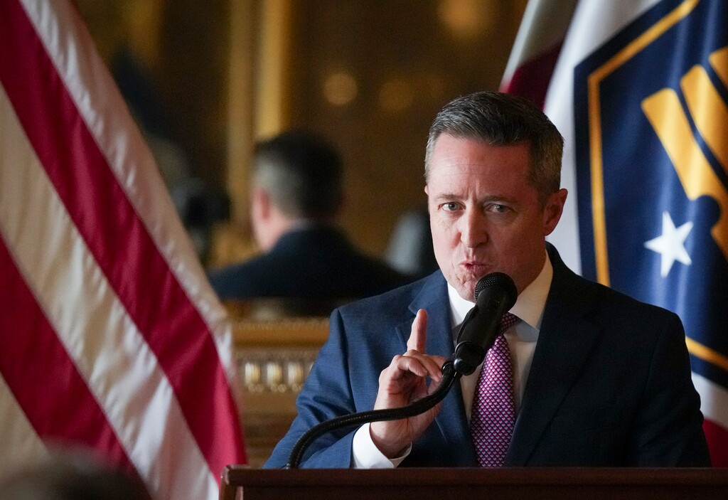(Bethany Baker | The Salt Lake Tribune) Utah Attorney General Derek Brown speaks as state and federal officials announce a settlement in a lawsuit against Aylo, the parent company of Pornhub, during a press conference at the Utah Capitol in Salt Lake City on Wednesday, Sept. 3, 2025.