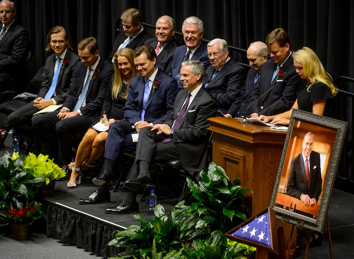 (Steve Griffin  |  The Salt Lake Tribune)  Jennifer Huntsman Parkin stands with her brother Mark Huntsman as she talks about her memories of her father as a young girl during funeral services for Jon Huntsman Sr. at the Huntsman Center on the University of Utah campus in Salt Lake City Saturday February 10, 2018.