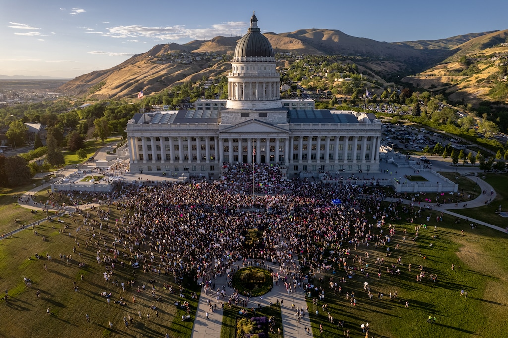 (Trent Nelson  |  The Salt Lake Tribune) People gather at the State Capitol in Salt Lake City to protest after the U.S. Supreme Court overruled Roe v. Wade, on Friday, June 24, 2022.