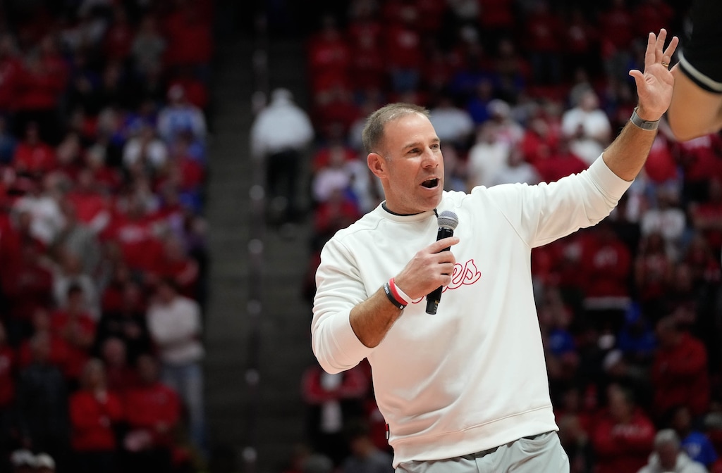 (Francisco Kjolseth | The Salt Lake Tribune) New University of Utah football coach Morgan Scalley addresses the crowd during half time as Utah hosts BYU, NCAA basketball in Salt Lake City on Saturday, Jan. 10, 2026.