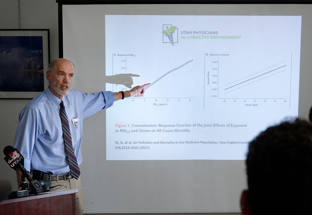 Scott Sommerdorf   |  The Salt Lake Tribune  Dr. Robert Paine, UPHE Board Member and Professor of Internal Medicine and Chief of the Division of Respiratory, Critical Care and Occupational Pulmonary Medicine at the University of Utah School of Medicine, points out aspects of the Ozone and PM2.5 levels and their affects on mortality during a press conference, Wednesday, July 12, 2017. A study published in The New England Journal of Medicine, one of the largest studies of its kind to date involving 61 million people throughout the United States, strengthens the association between premature death and PM2.5 and ozone.UPHE Board President, Dr. Brian Moench