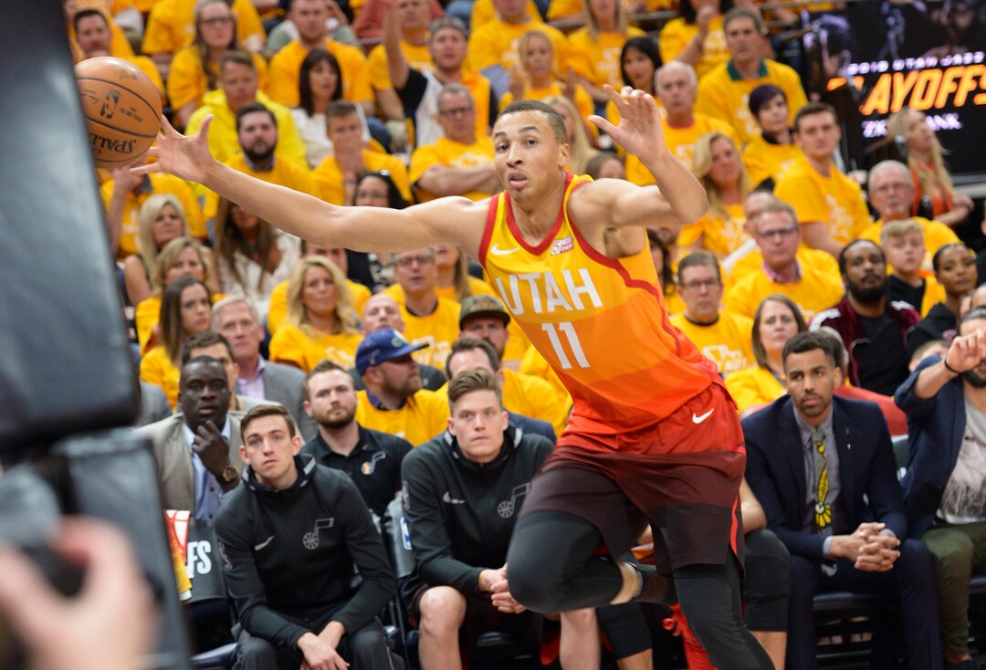 (Leah Hogsten  |  The Salt Lake Tribune) Utah Jazz guard Dante Exum (11) makes a save as the Utah Jazz take on the Houston Rockets in Game 3 of an NBA basketball second-round playoff series Friday, May 4, 2018 in Salt Lake City.