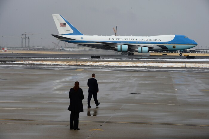 (Scott Sommerdorf   |  The Salt Lake Tribune)   The arrival of Air Force One at the Ronald R Wright National Air Guard Base, Monday, December 4, 2017.  