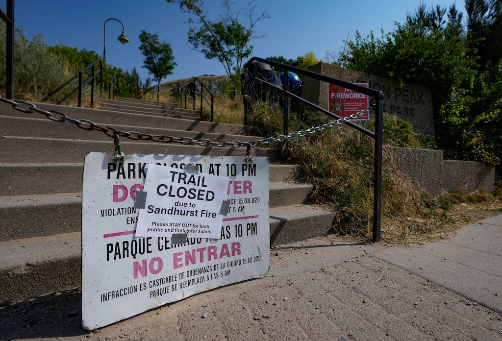 (Francisco Kjolseth  |  The Salt Lake Tribune) The trailhead to Ensign Peak remains closed along with several other trails along the benches in Salt Lake City due to the recent fire activity on Monday, July 22, 2024.