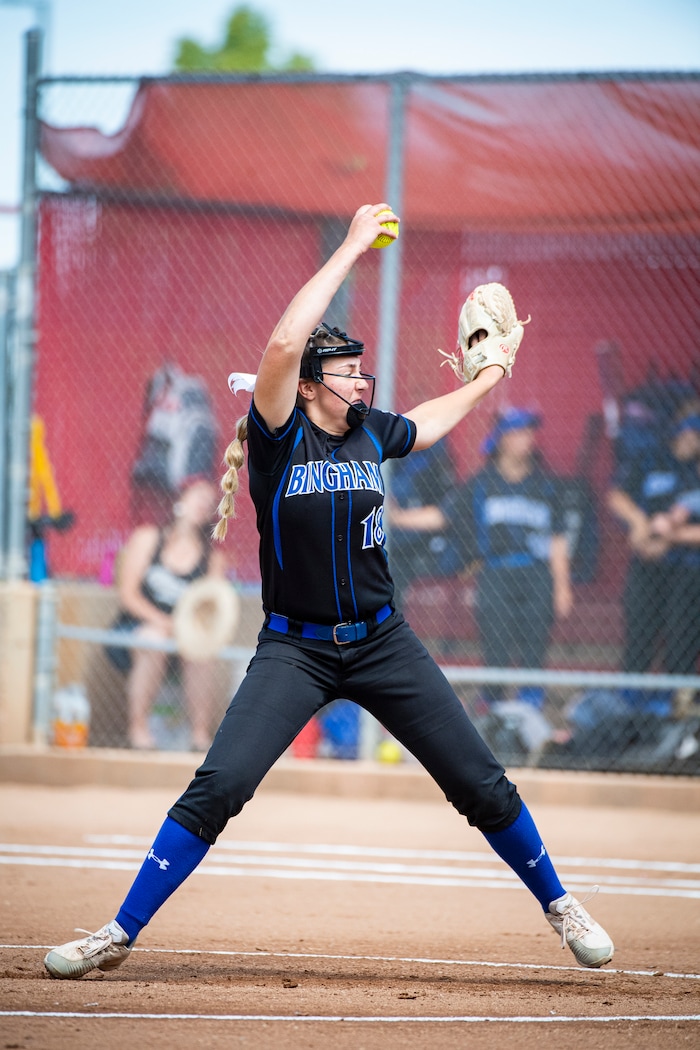 (Isaac Hale | Special to The Tribune) Bingham's Averi Hanny (18) winds up a pitch during the second game of a best-of-three series between the Bingham Miners and the Riverton Silverwolves as part of the 6A state softball championship held at the Spanish Fork Sports Park on Friday, May 28, 2021.