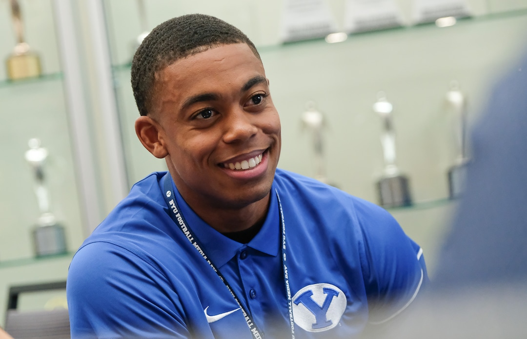 (Francisco Kjolseth  |  The Salt Lake Tribune)  Wide receiver Micah Simon speaks with the press during BYU football media day at the BYU Broadcasting Building in Provo on Tuesday, June 18, 2019.