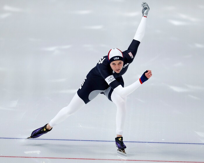 Heather Bergsma of the U.S. competes during the women's 1,500 meters speedskating race at the Gangneung Oval at the 2018 Winter Olympics in Gangneung, South Korea, Monday, Feb. 12, 2018. (AP Photo/John Locher)
