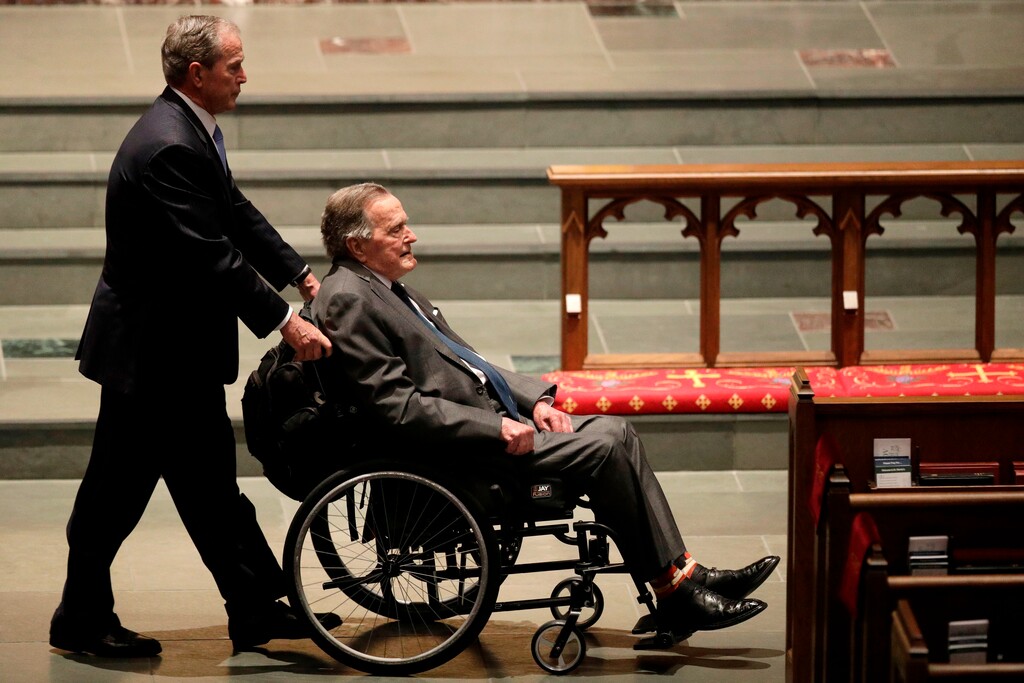 (David J. Phillip | The Associated Press) In this April 21, 2018, file photo, former presidents George W. Bush, left, and George H.W. Bush arrive at St. Martin's Episcopal Church for a funeral service for former first lady Barbara Bush in Houston. George H.W. Bush has been hospitalized in Houston with an infection, just after attending the funeral of his wife, Barbara, a spokesman said Monday, April 23.