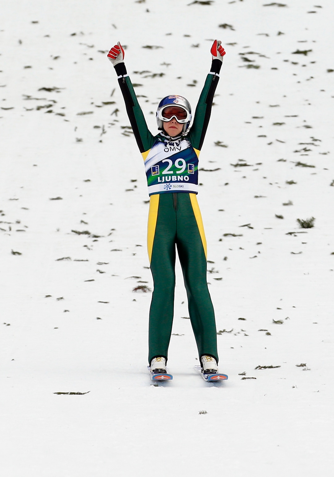 Sarah Hendrickson from the U.S. competes to place third at the Ski Jumping World Cup women's event in Ljubno, Slovenia, Saturday, Feb. 14, 2015. (AP Photo/Darko Bandic)