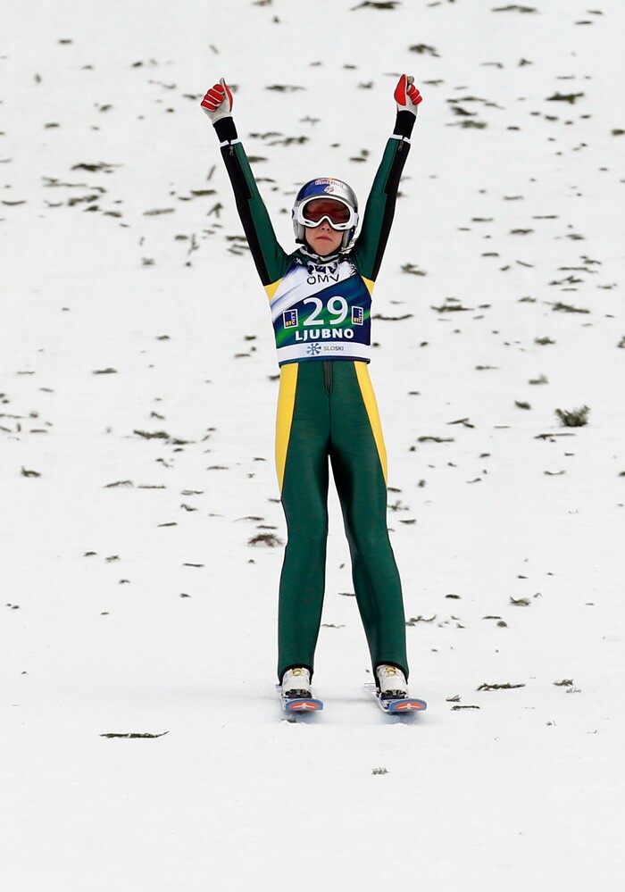 Sarah Hendrickson from the U.S. competes to place third at the Ski Jumping World Cup women's event in Ljubno, Slovenia, Saturday, Feb. 14, 2015. (AP Photo/Darko Bandic)