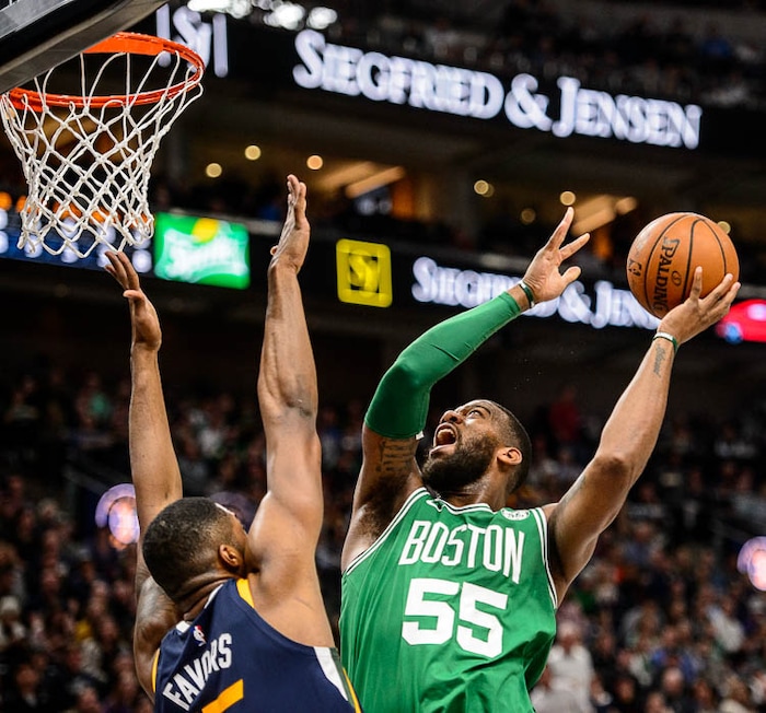 (Trent Nelson | The Salt Lake Tribune)  
Utah Jazz vs. Boston Celtics, NBA basketball in Salt Lake City, Wednesday March 28, 2018. Utah Jazz forward Derrick Favors (15) defending Boston Celtics center Greg Monroe (55).