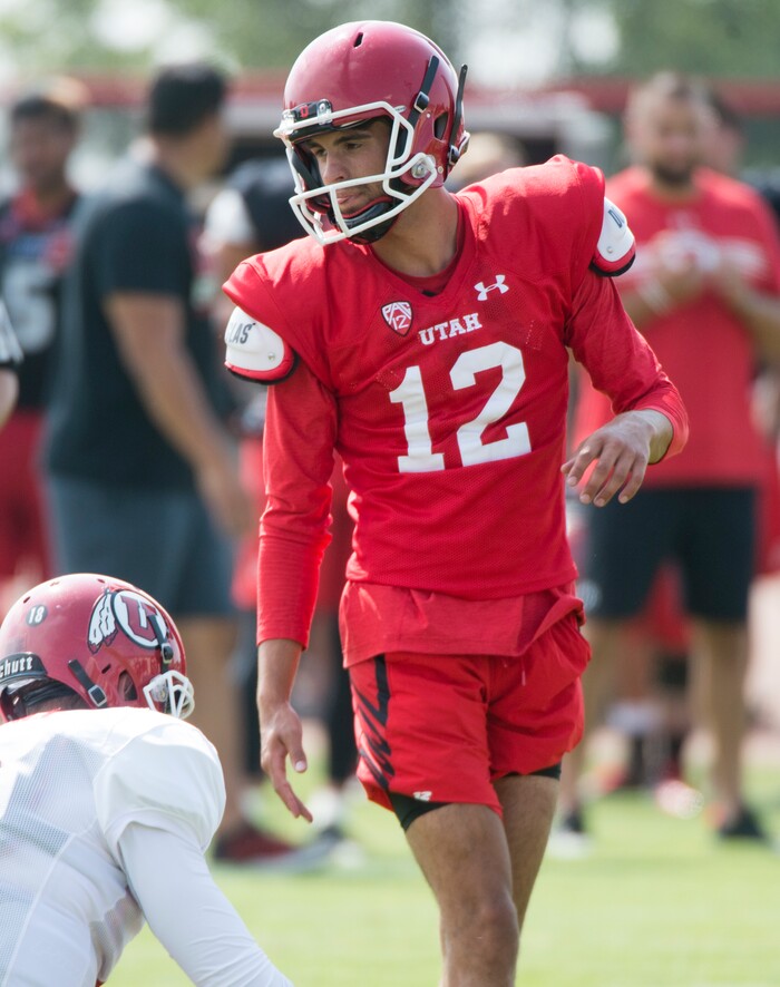 (Rick Egan  |  The Salt Lake Tribune)Utah kicker Chayden Johnston, kicks a field goal, during practice, Monday, August 7, 2017.
