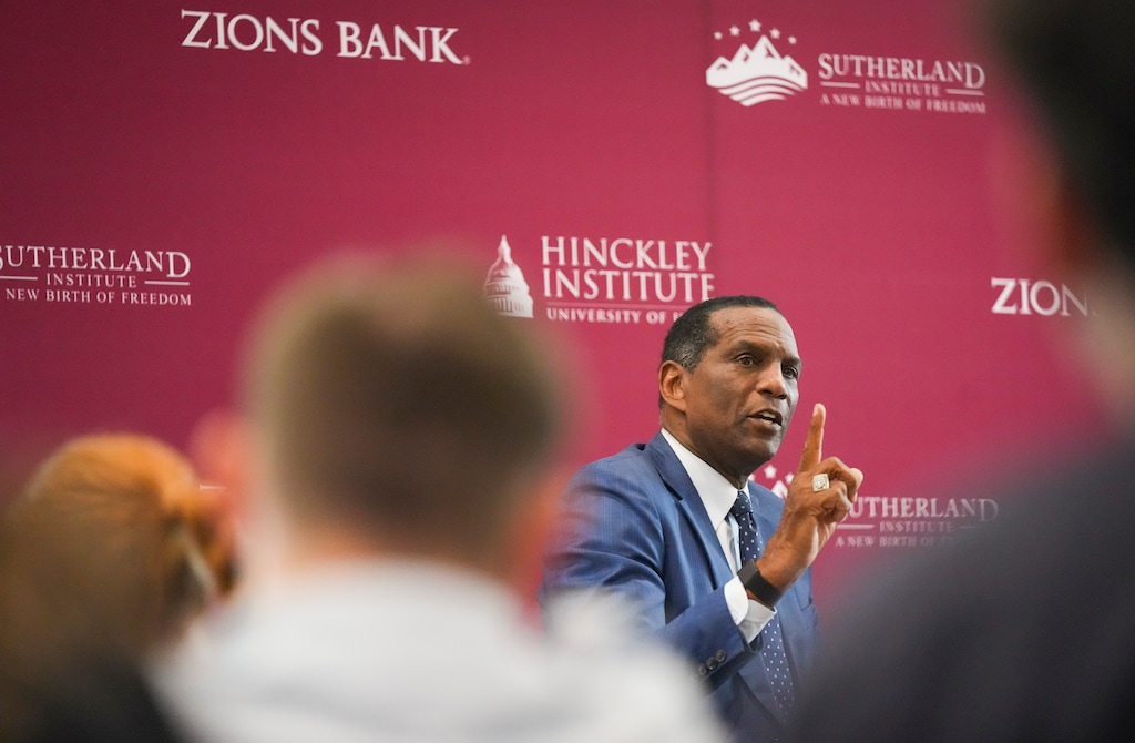 (Bethany Baker  |  The Salt Lake Tribune) U.S. Rep. Burgess Owens speaks at the Hinckley Institute of Politics at the University of Utah in Salt Lake City on Thursday, Aug. 21, 2025.