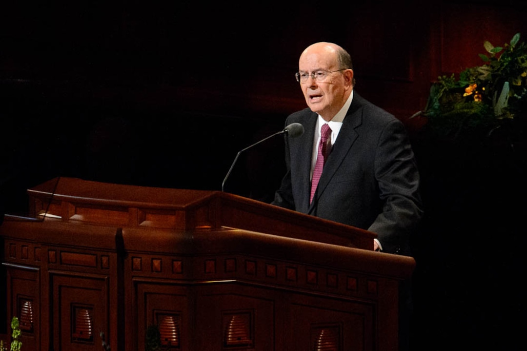 (Trent Nelson  |  The Salt Lake Tribune)  Elder Quentin L. Cook speaks during the morning session of the189th Annual General Conference of The Church of Jesus Christ of Latter-day Saints in Salt Lake City on Sunday April 7, 2019.