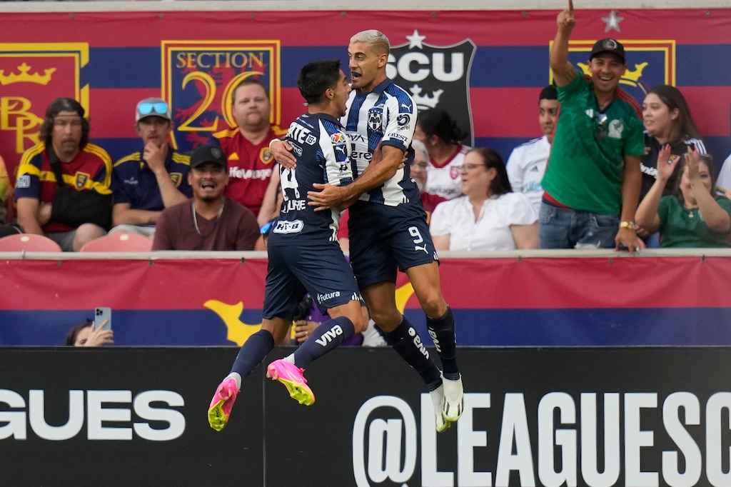 (Rick Bowmer | AP) Monterrey's German Berterame (9) celebrates with Erick Aguirre (14) after scoring against Real Salt Lake during the first half of a Leagues Cup soccer match Wednesday.