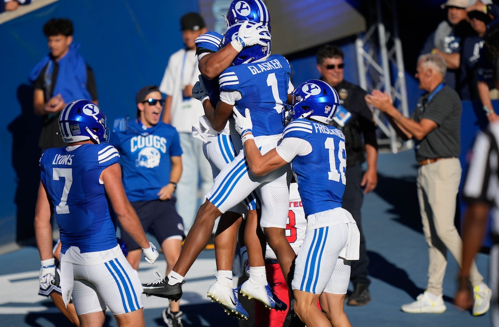 (Francisco Kjolseth | The Salt Lake Tribune) BYU Cougars wide receiver Legend Glasker (1) celebrates the first touchdown of the game in their NCAA college football game against Utah Tech, Saturday, Sept. 5, 2026, at LaVell Edwards Stadium in Provo.